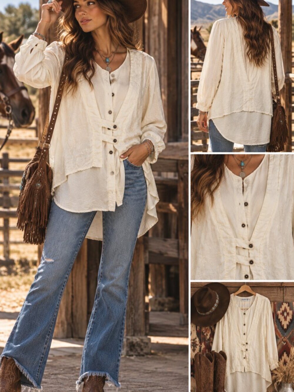 Vtg Women's Cream Boho Y2K 90s Tunic Top Sz M